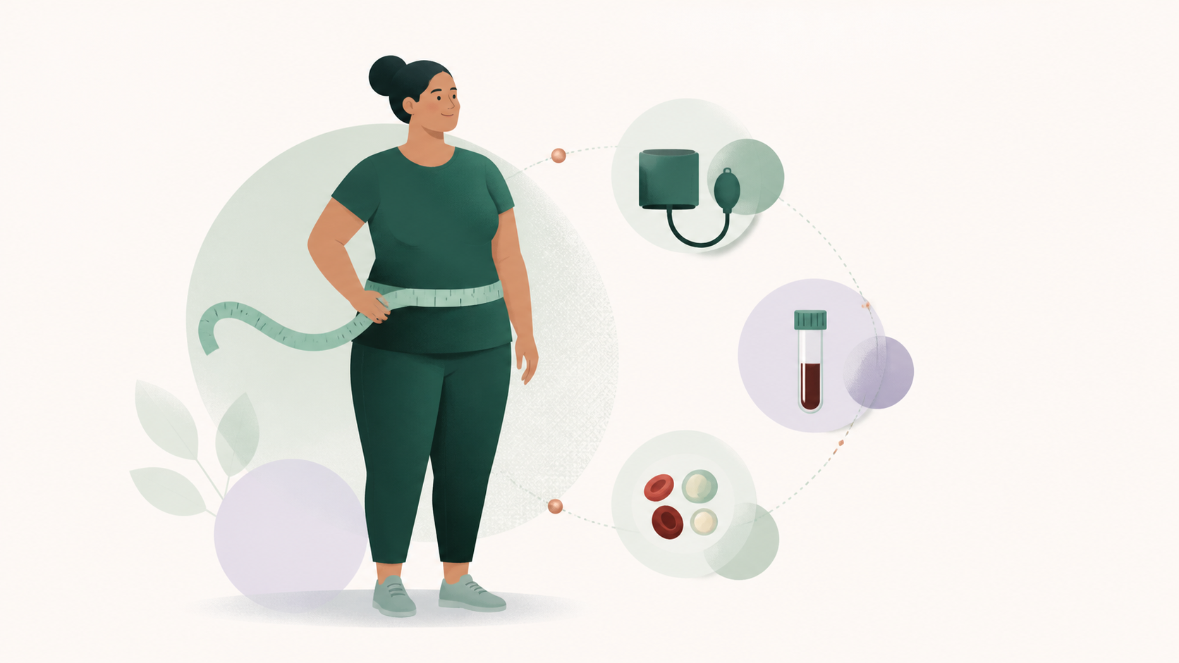 A simplified adult beside a waist measuring tape, blood pressure cuff and blood-test symbols representing a metabolic health check
